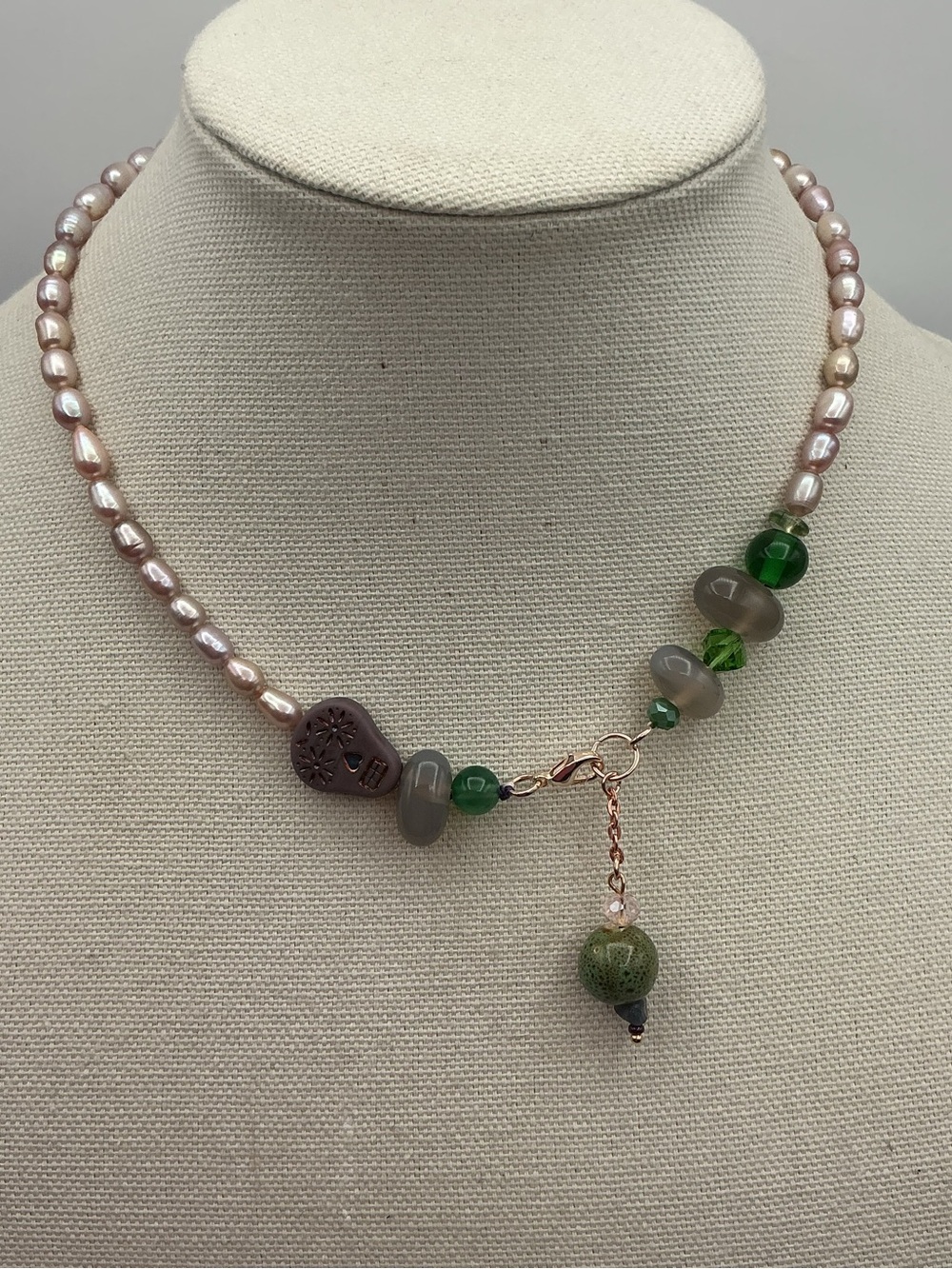 Pink Purple Pearl and Quartz Crystal Glass Necklace